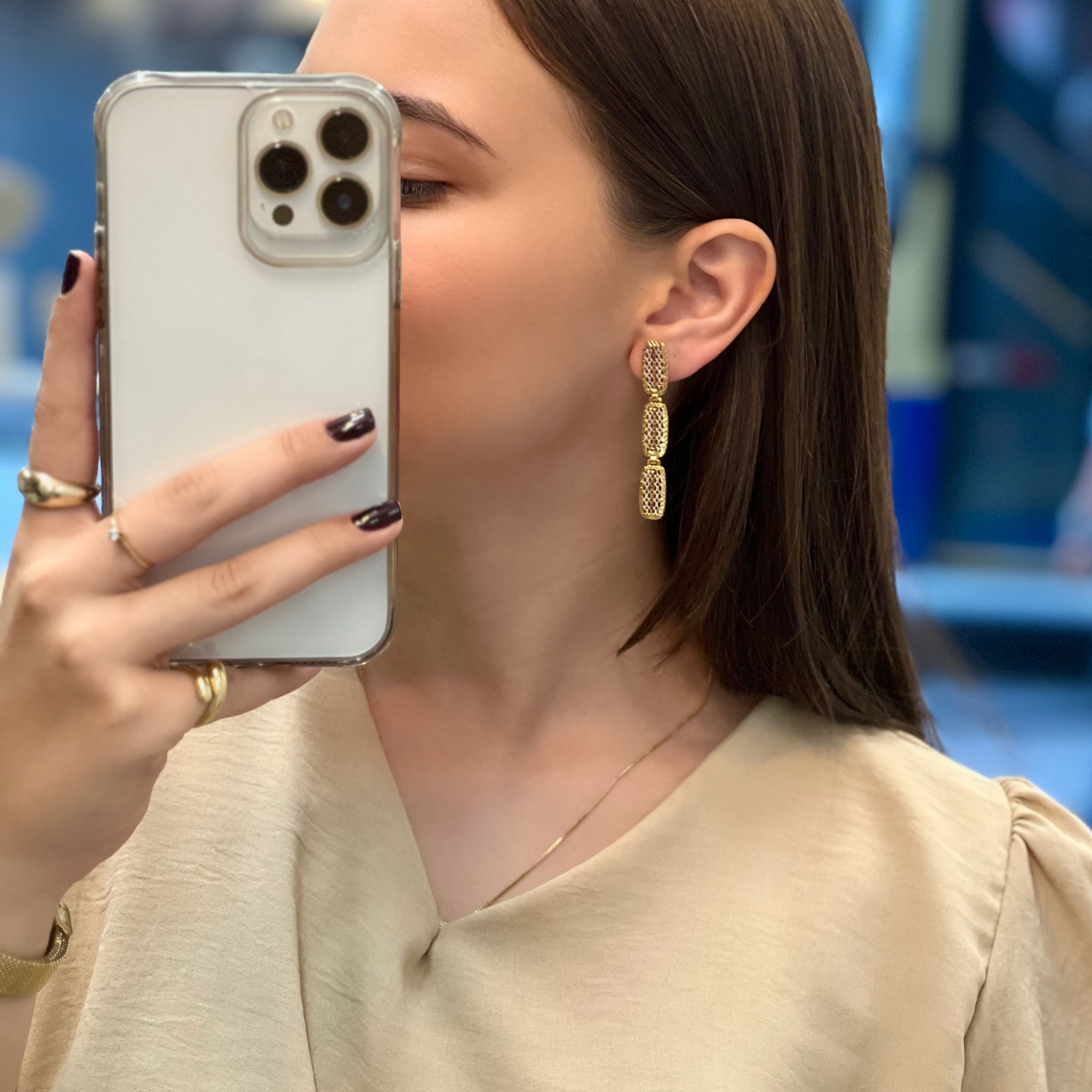 Brinco Três Tons Retangular